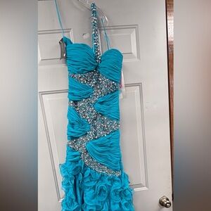 Turquoise Ruffled Sequin Evening Gown